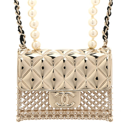 Chanel Metal Lambskin Pearl Chain Flap Bag Long Necklace Gold Black Pearly White 4 of 6