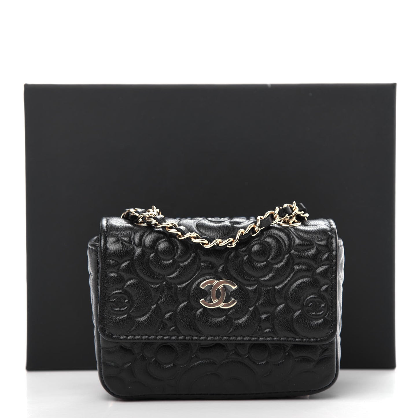 Lambskin Camellia Embossed Chain Belt Bag Black