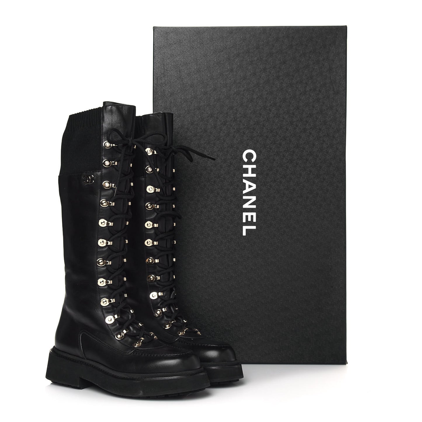Calfskin Knit Lace Up Combat Boots 38 Black