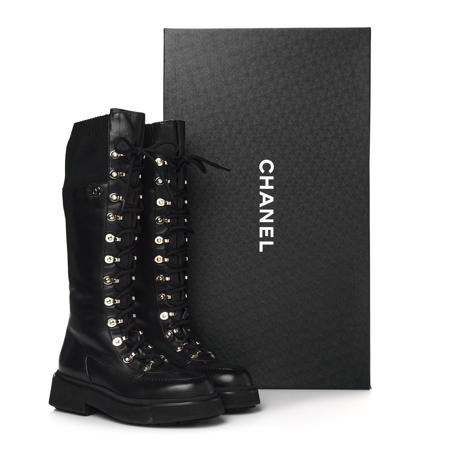 Chanel Calfskin Knit Lace Up Combat Boots 38 Black 8 of 8