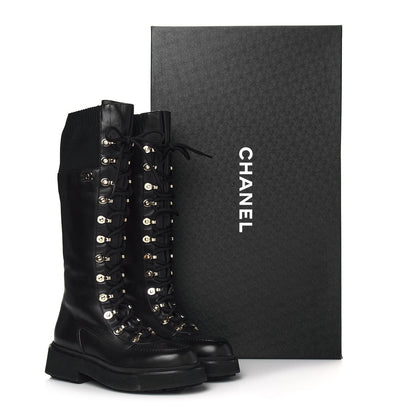 Chanel Calfskin Knit Lace Up Combat Boots 38 Black 8 of 8