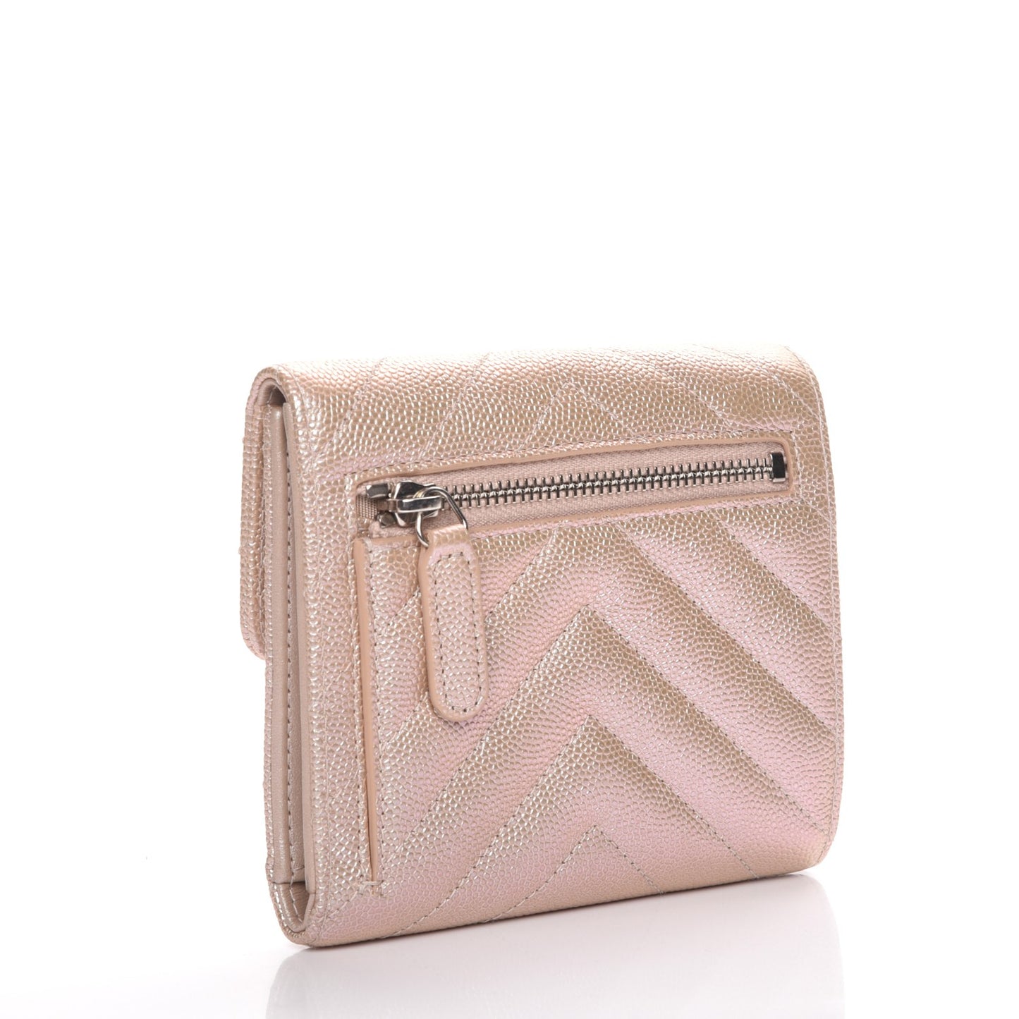 Metallic Caviar Chevron Quilted Compact Flap Wallet Light Gold