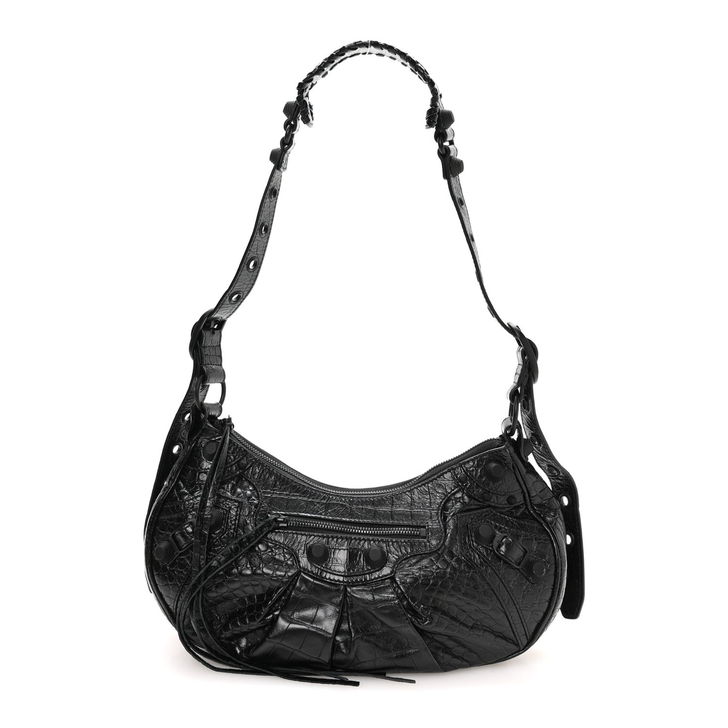 Extra Supple Calfskin Crocodile Embossed Monochrome Small Le Cagole Shoulder Bag Black