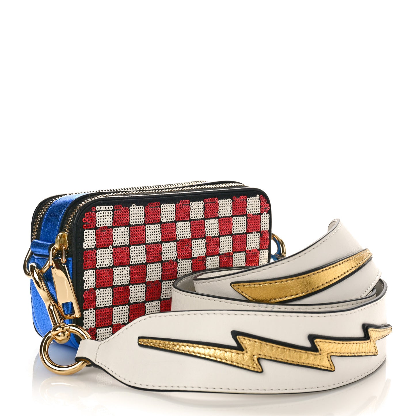 Metallic Calfskin Sequin Snapshot Camera Bag Red White