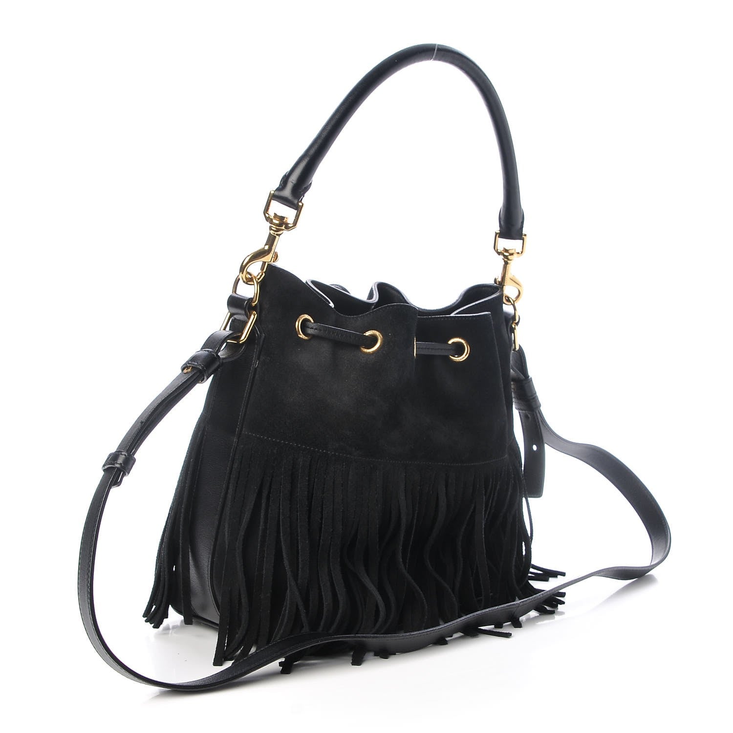 Saint Laurent Suede Calfskin Small Emmanuelle Fringe Bucket Bag Black 3 of 7