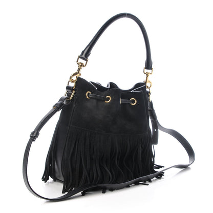 Saint Laurent Suede Calfskin Small Emmanuelle Fringe Bucket Bag Black 3 of 7