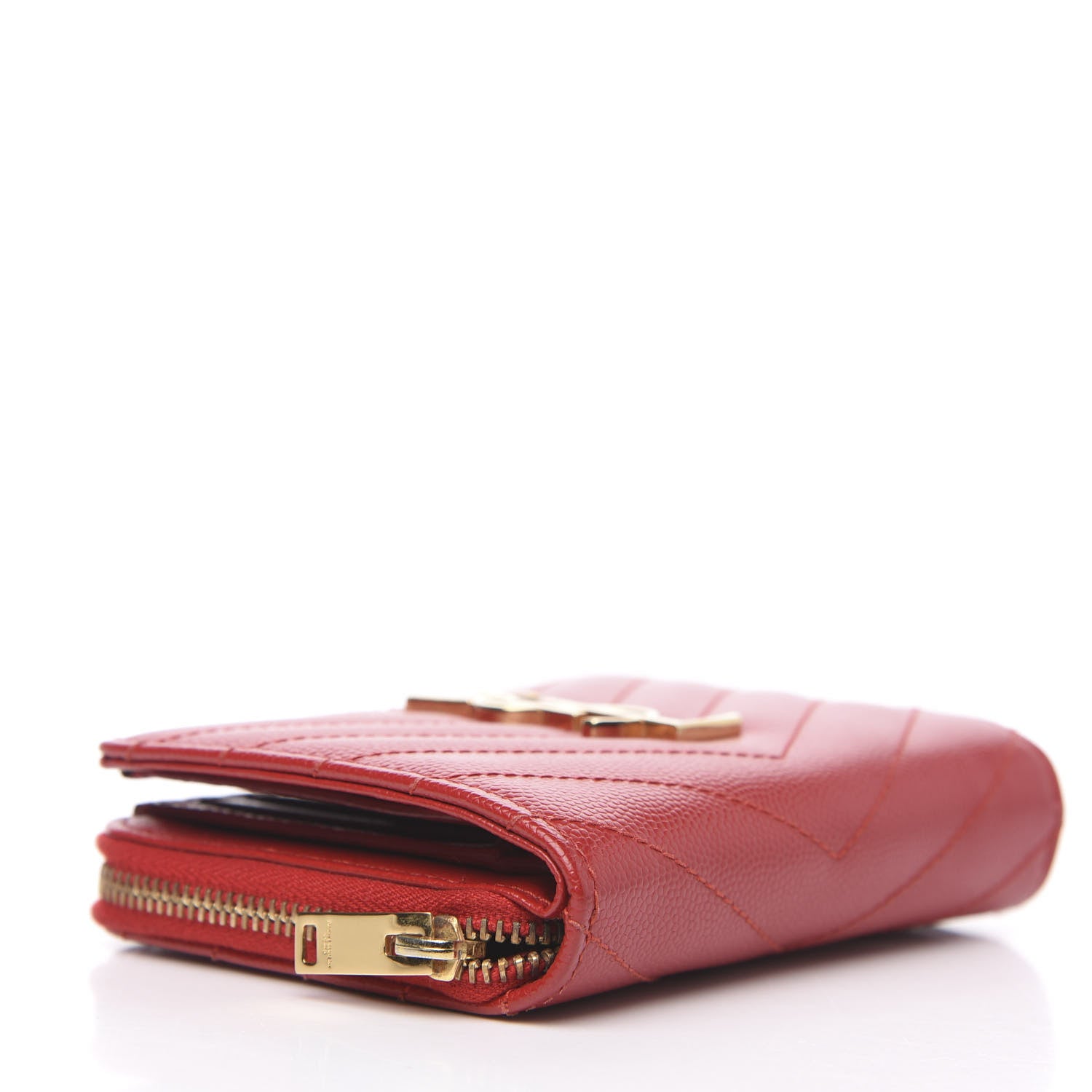 Saint Laurent Grain De Poudre Matelasse Chevron Monogram Compact Zip Around Wallet Red 3 of 7