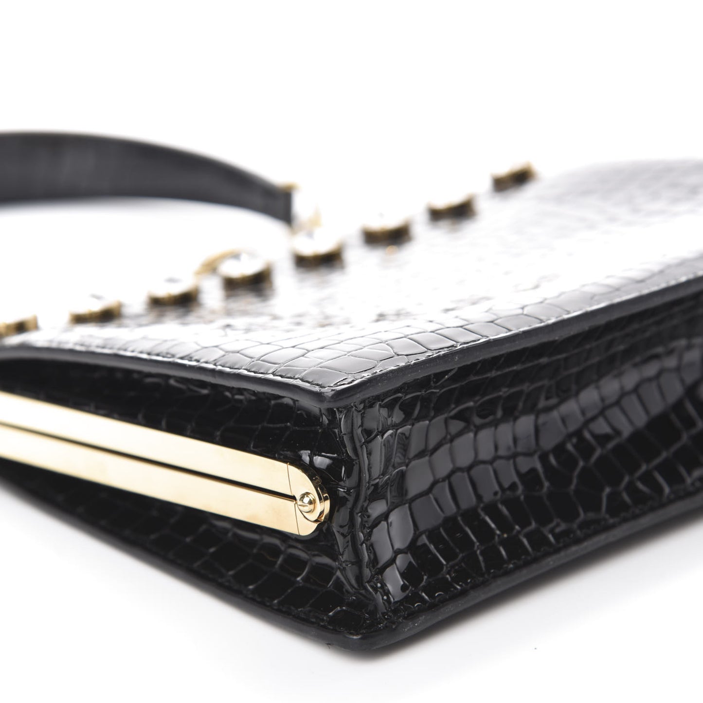 Calfskin Crocodile Embossed Crystal Embellished Solitaire Bag Black
