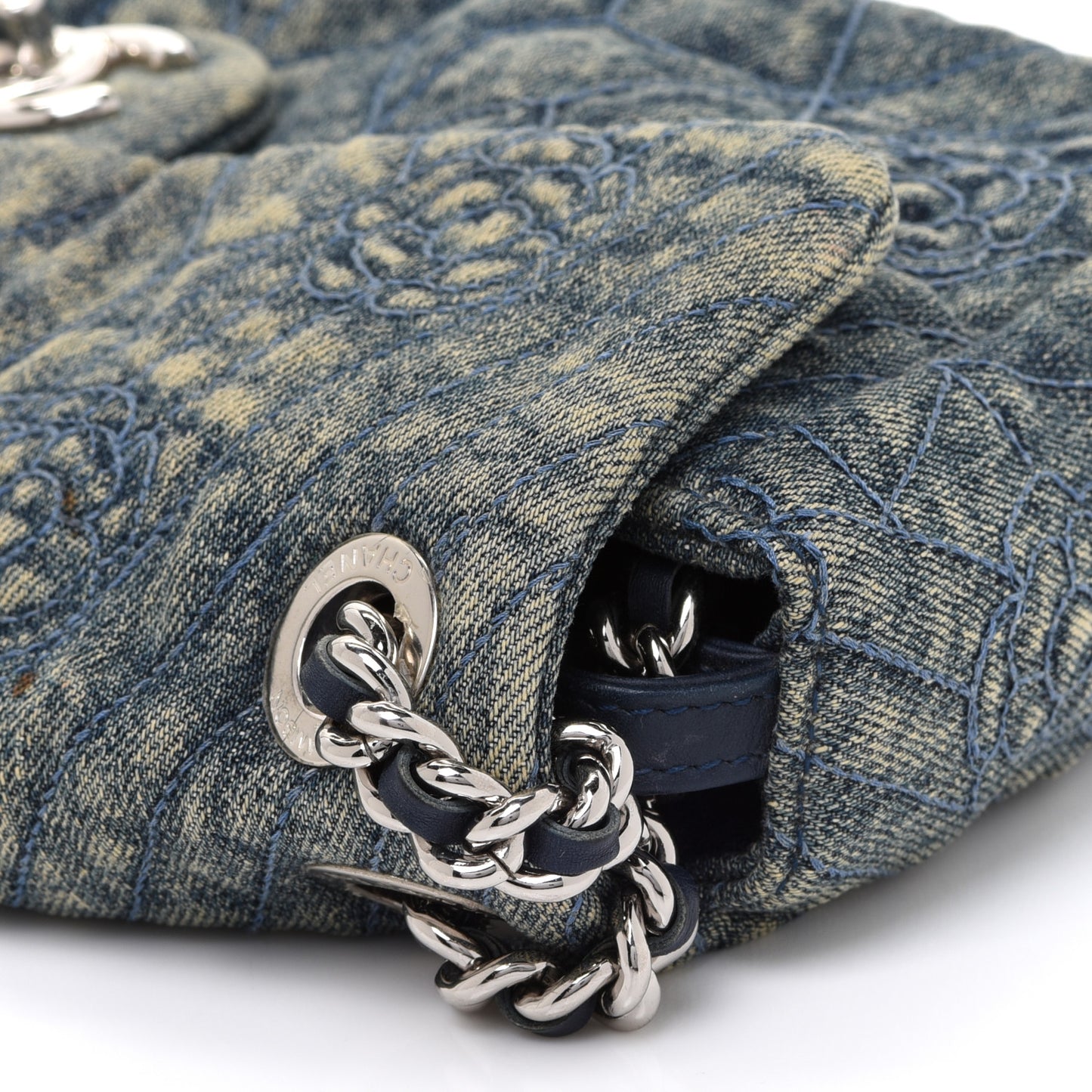 Denim Quilted Camellia Embroidered Medium Flap Blue
