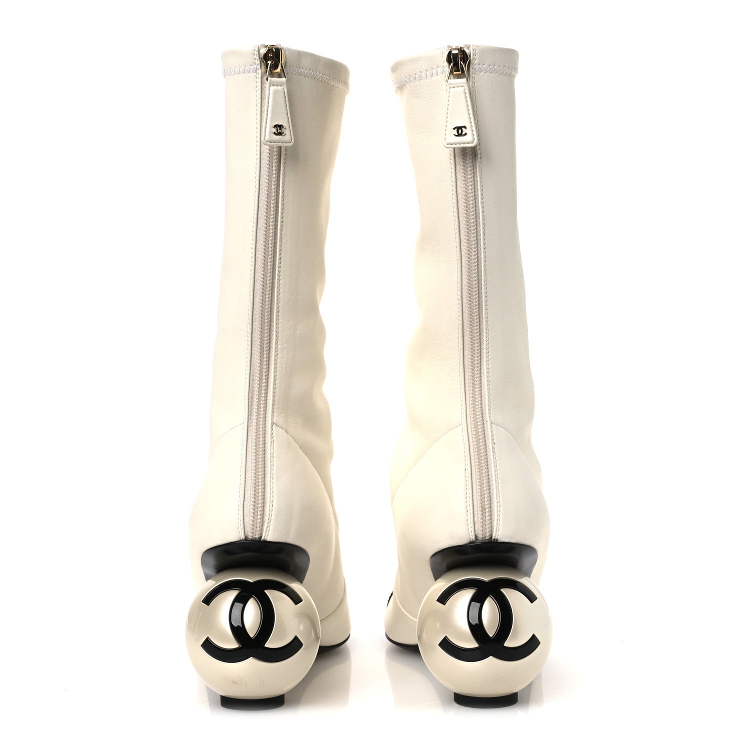 Chanel Stretch Lambskin Patent Cap Toe Pearl Ball Mid Calf Boots