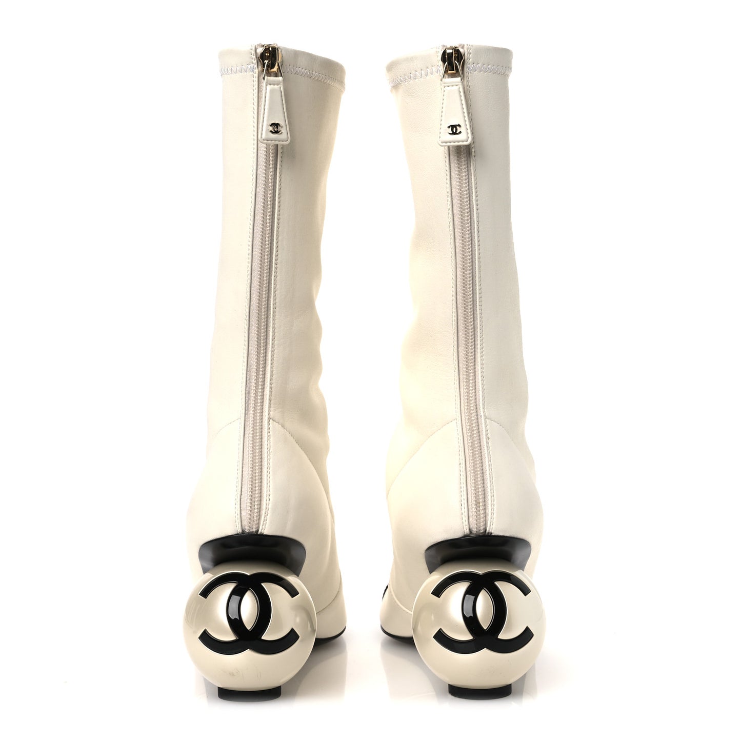 Stretch Lambskin Patent Cap Toe Pearl Ball Mid Calf Boots 39 White Black