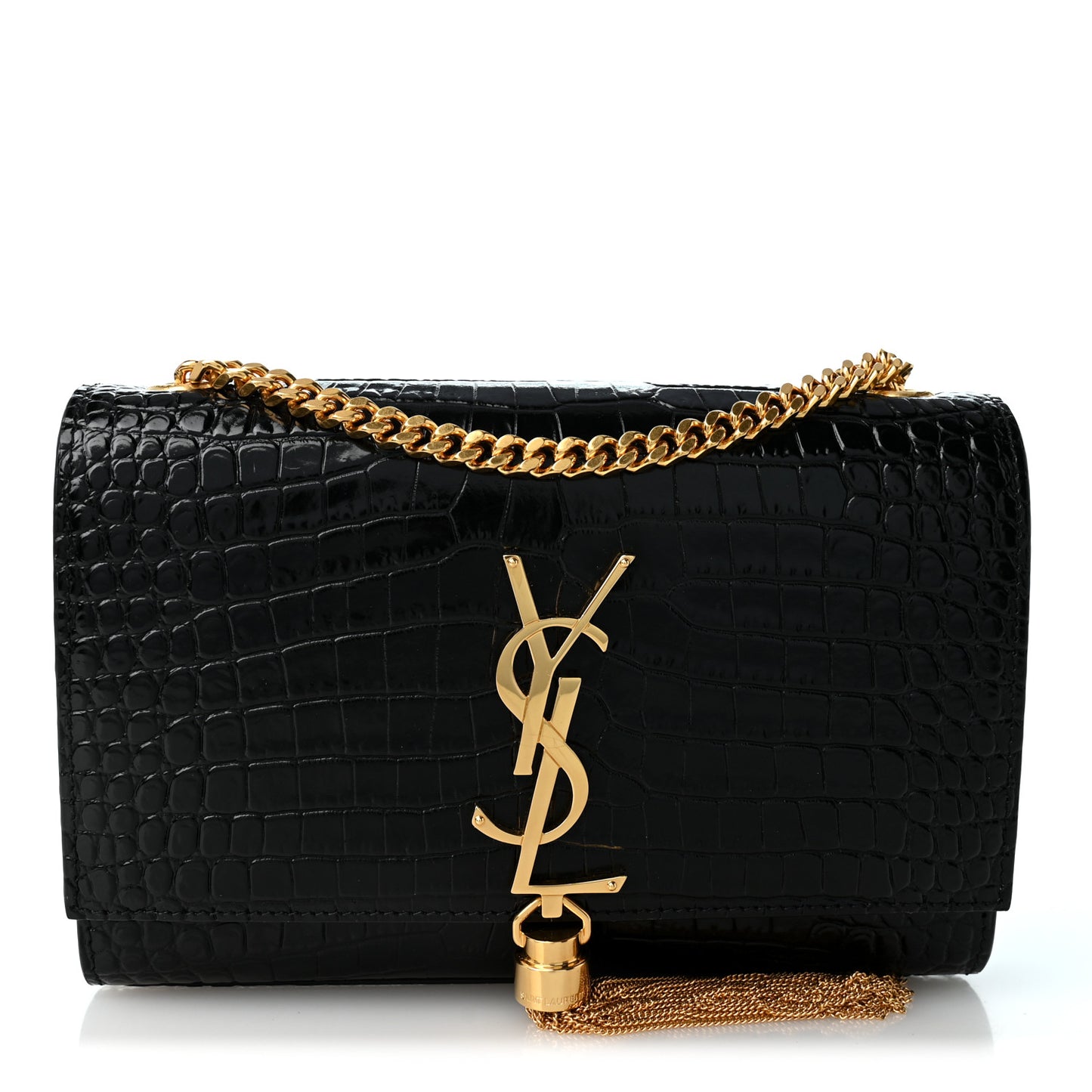 Calfskin Crocodile Embossed Small Classic Monogram Kate Tassel Satchel Black