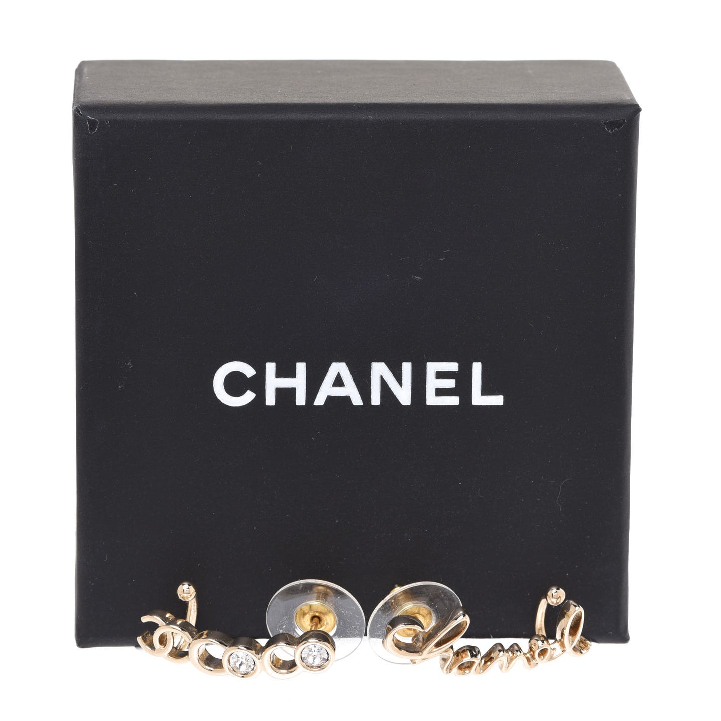 Metal Crystal Coco Script CC Climber Earrings Gold