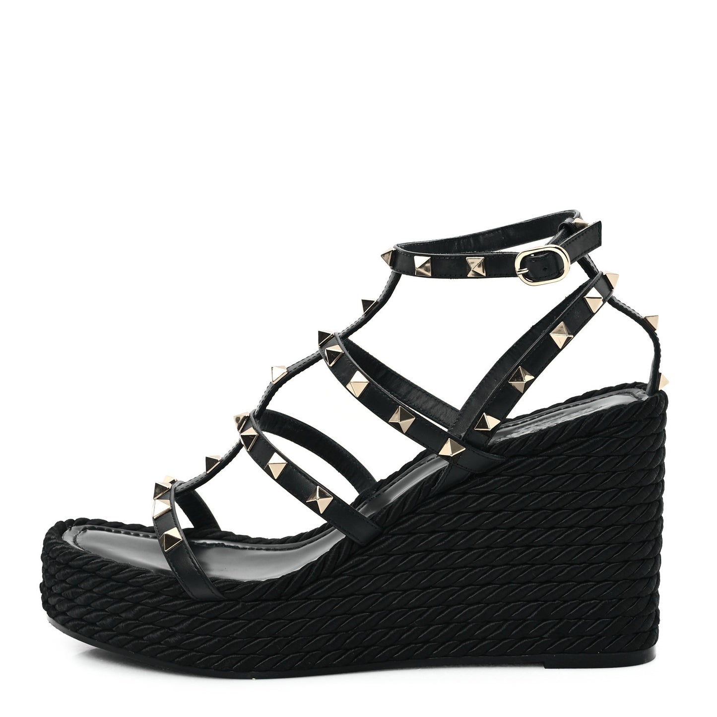 Calfskin Rockstud Ankle Strap Torchon Espadrille Caged 25/95mm Wedge Sandals 40 Black