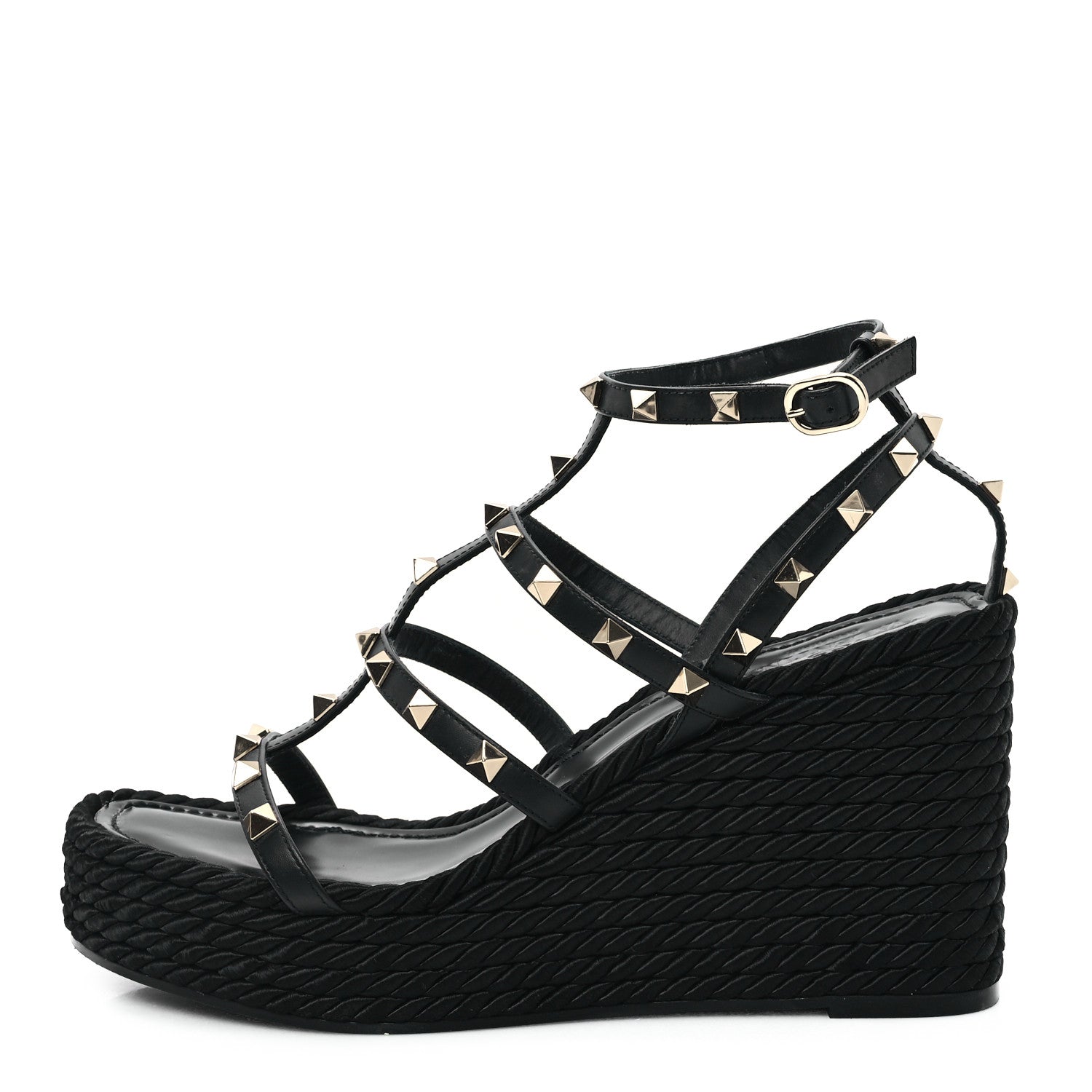 Valentino Garavani Calfskin Rockstud Ankle Strap Torchon Espadrille Caged 25/95mm Wedge Sandals 40 Black 1 of 9