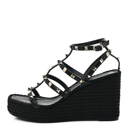 Valentino Garavani Calfskin Rockstud Ankle Strap Torchon Espadrille Caged 25/95mm Wedge Sandals 40 Black 1 of 9