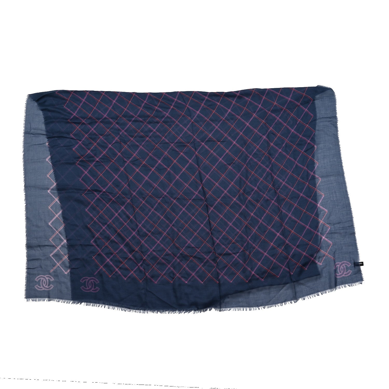 Chanel Cotton Cashmere Quilted CC Logo Stole Navy Pink 3 of 4