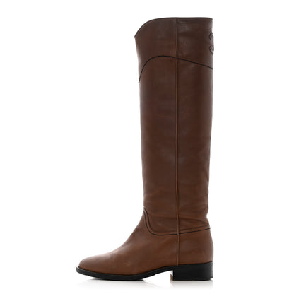 Chanel Calfskin Ascot Knee High CC Boots 36.5 Light Brown 1 of 15