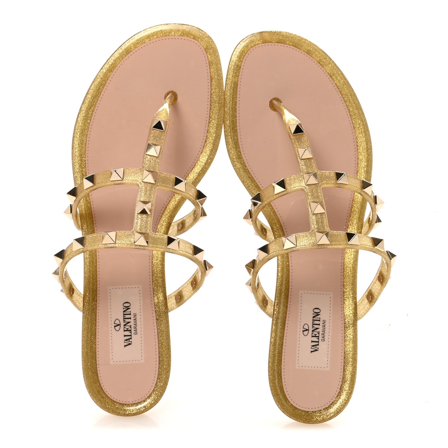 PVC Jelly Glitter Rockstud Caged Flat Thong Sandals 37 Oro