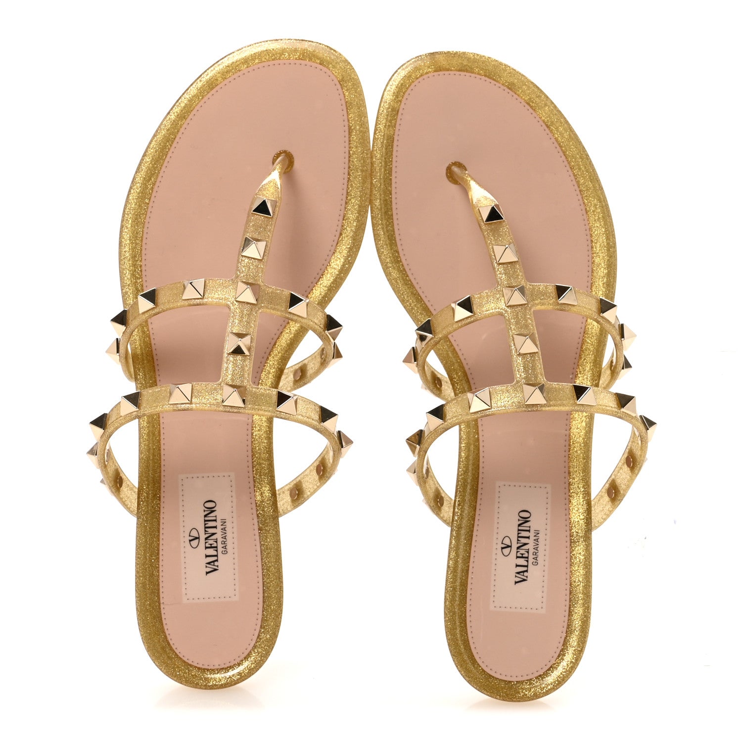 Valentino Garavani PVC Jelly Glitter Rockstud Caged Flat Thong Sandals 37 Oro 2 of 9