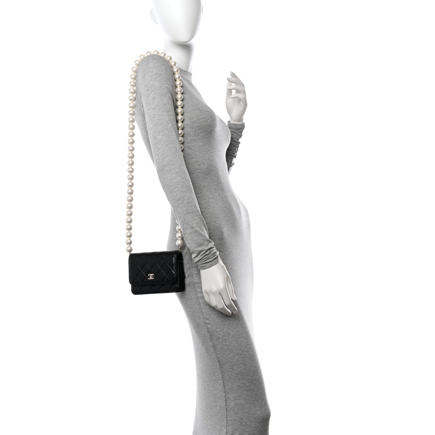 Calfskin Quilted Mini Maxi Pearls Wallet On Chain WOC Black