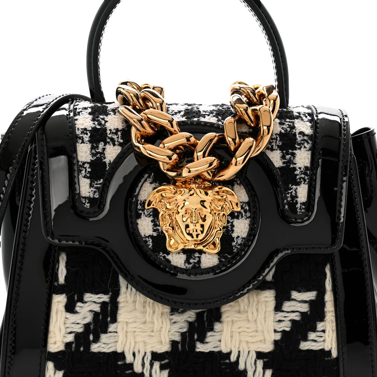 Patent Calfskin Tweed Houndstooth Medusa Small Top Handle Handbag Black White