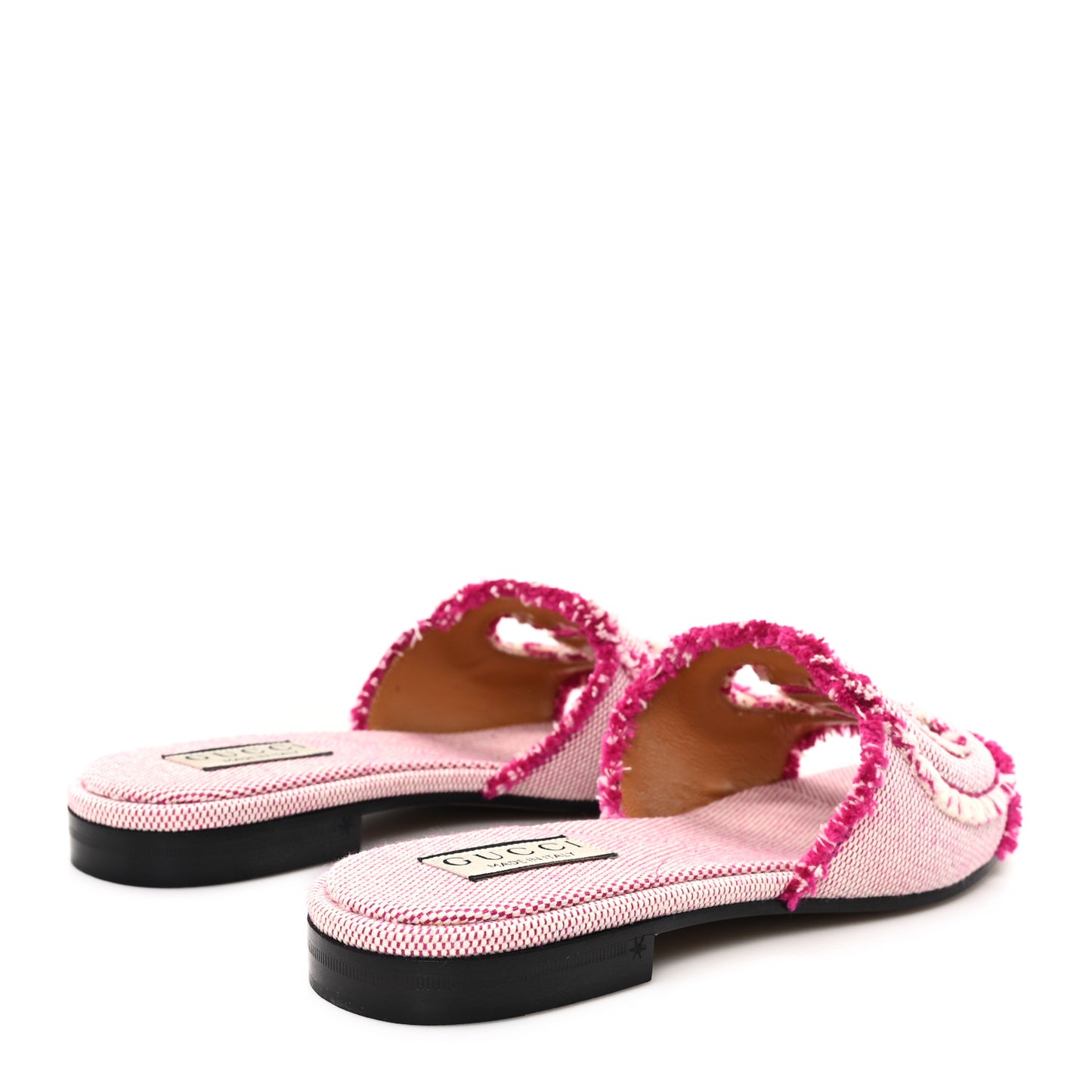 Fringed Canvas Interlocking G Cut Out Slide Sandals 37 Princess Fuxia Natural