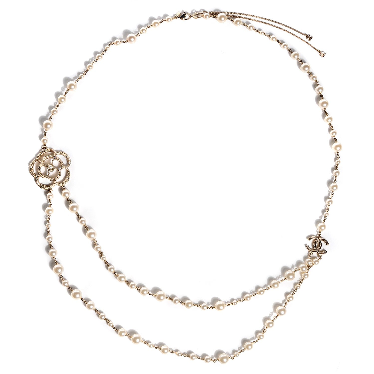 Chanel Swarovski Crystal Pearl Camellia Necklace Gold 1 of 5
