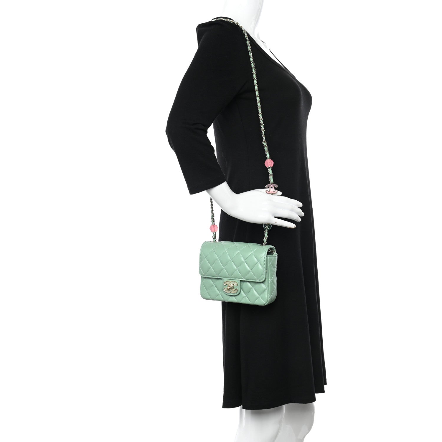 Chanel Lambskin Resin Quilted Mini Heart Square Flap Light Green 2 of 11