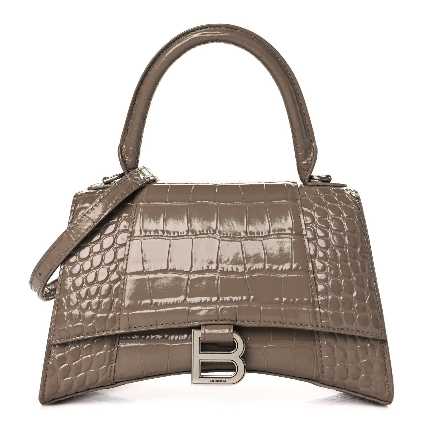 Balenciaga Shiny Calfskin Crocodile Embossed Small Hourglass Top Handle Bag Mink Grey 1 of 11