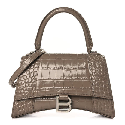Balenciaga Shiny Calfskin Crocodile Embossed Small Hourglass Top Handle Bag Mink Grey 1 of 11
