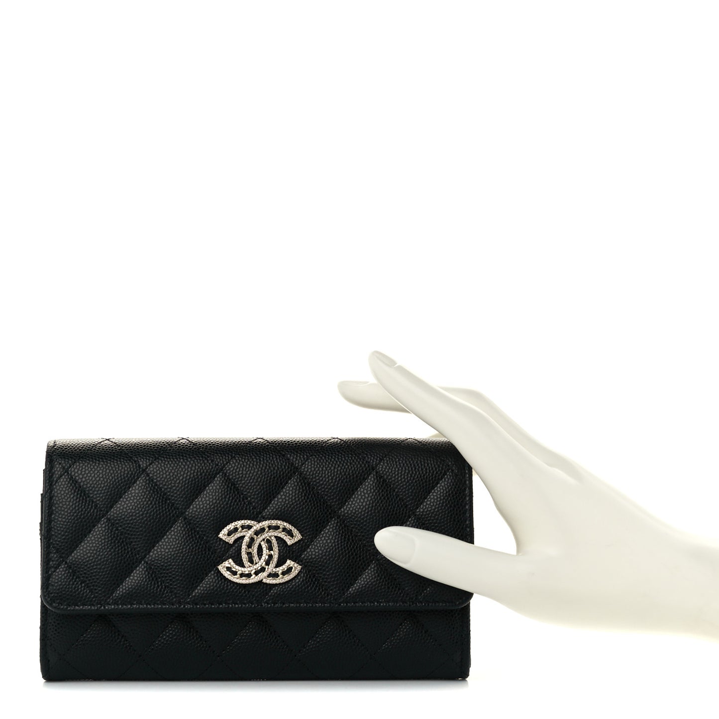 Caviar Quilted Crystal CC Large Gusset Flap Wallet Black