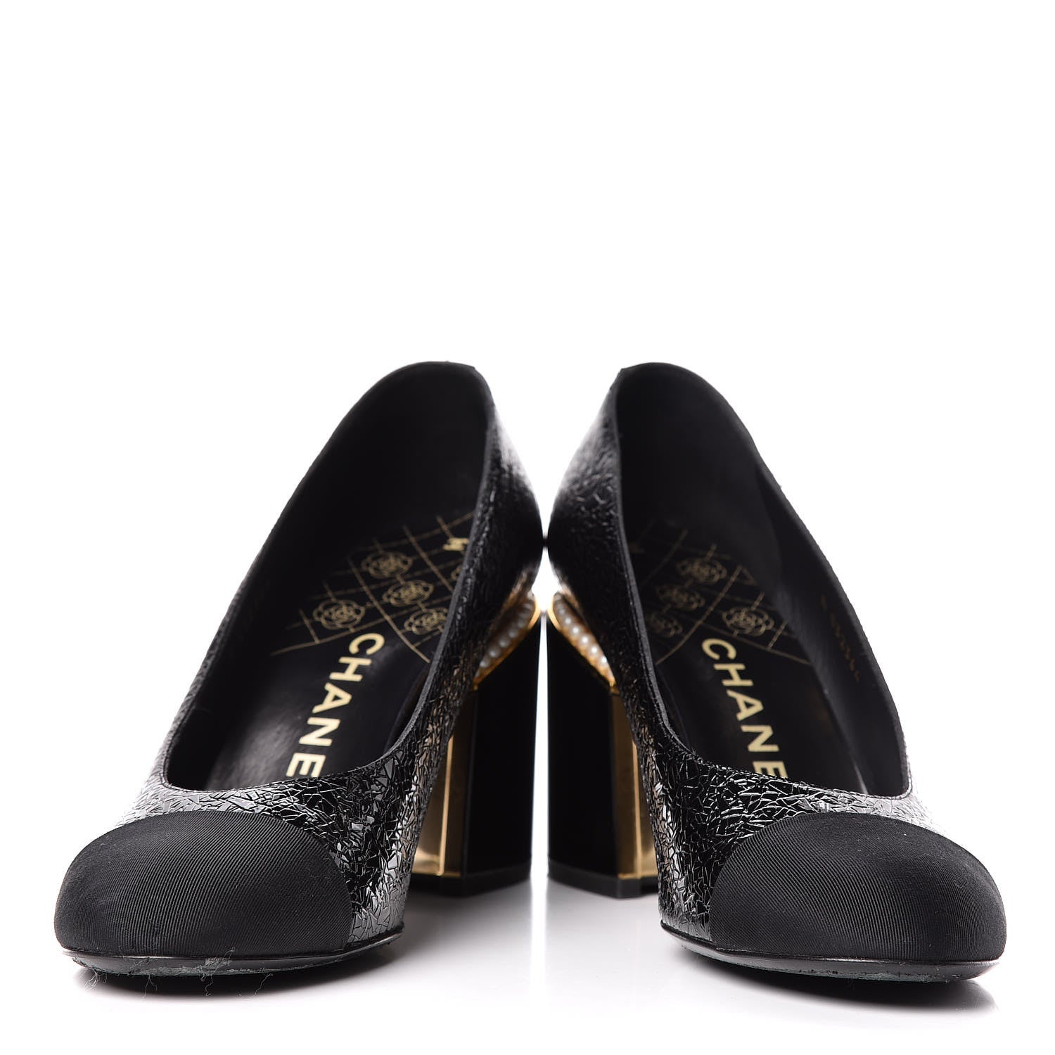 Chanel Fantasy Patent Calfskin Grosgrain Cap Toe Pumps 38 Black 5 of 12