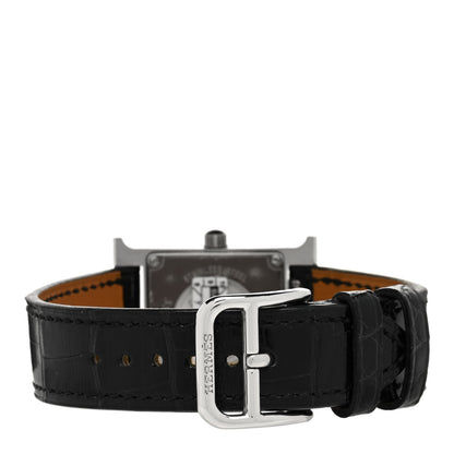 Hermes Stainless Steel Alligator Diamond Lacquer 21mm Heure H Hour Double Jeu Quartz Watch Noir 3 of 4