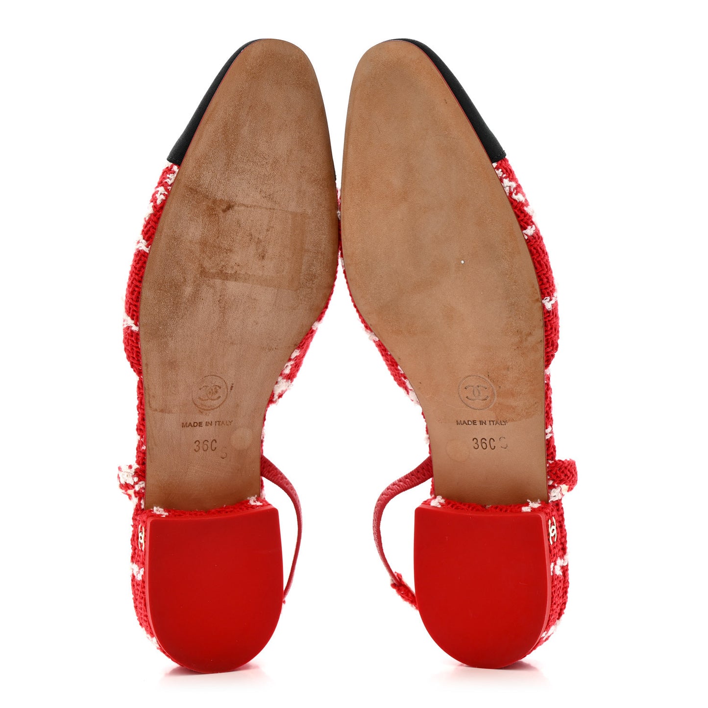 Tweed Grosgrain Cap Toe CC Slingback Flats 36 Red White