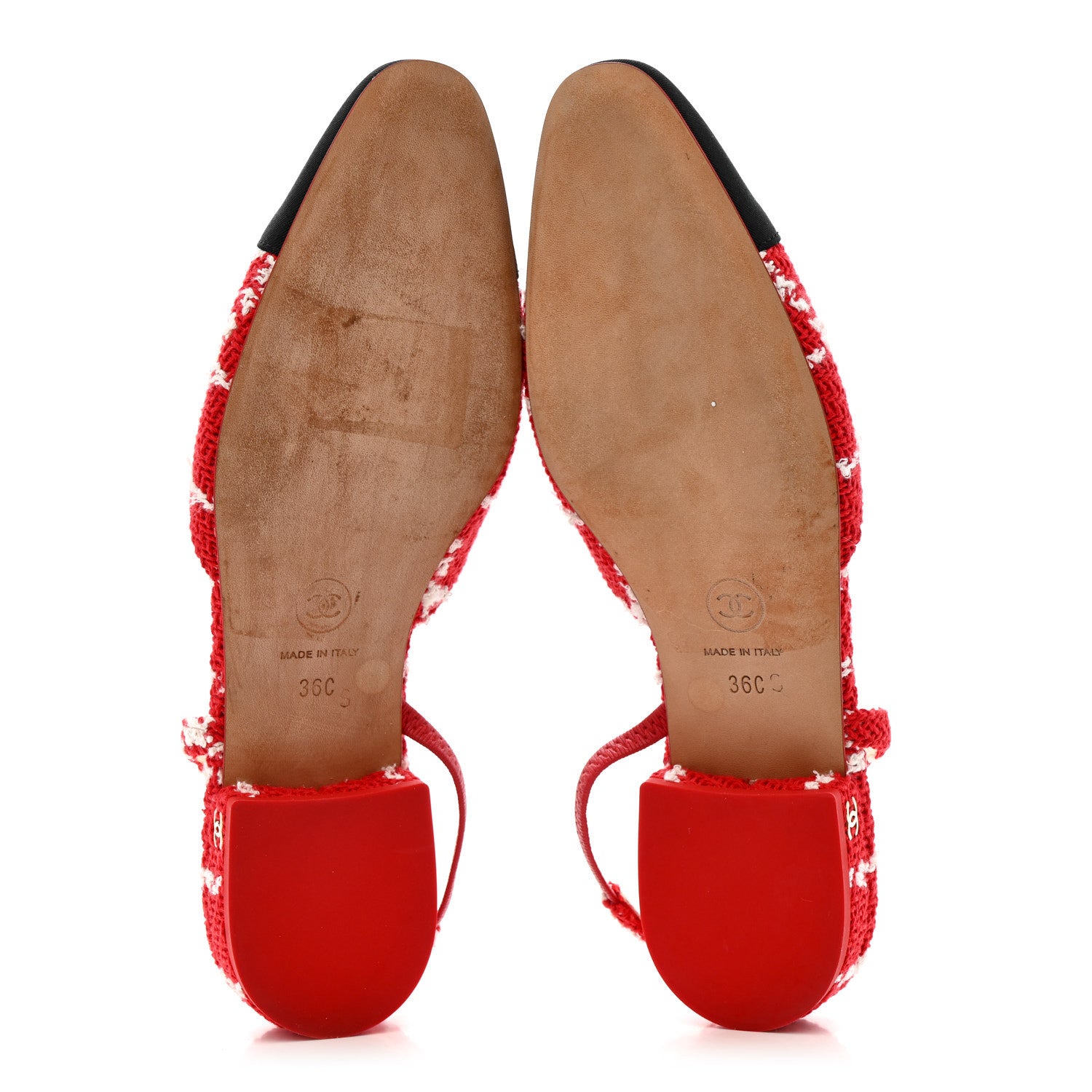 Chanel Tweed Grosgrain Cap Toe CC Slingback Flats 36 Red White 6 of 11