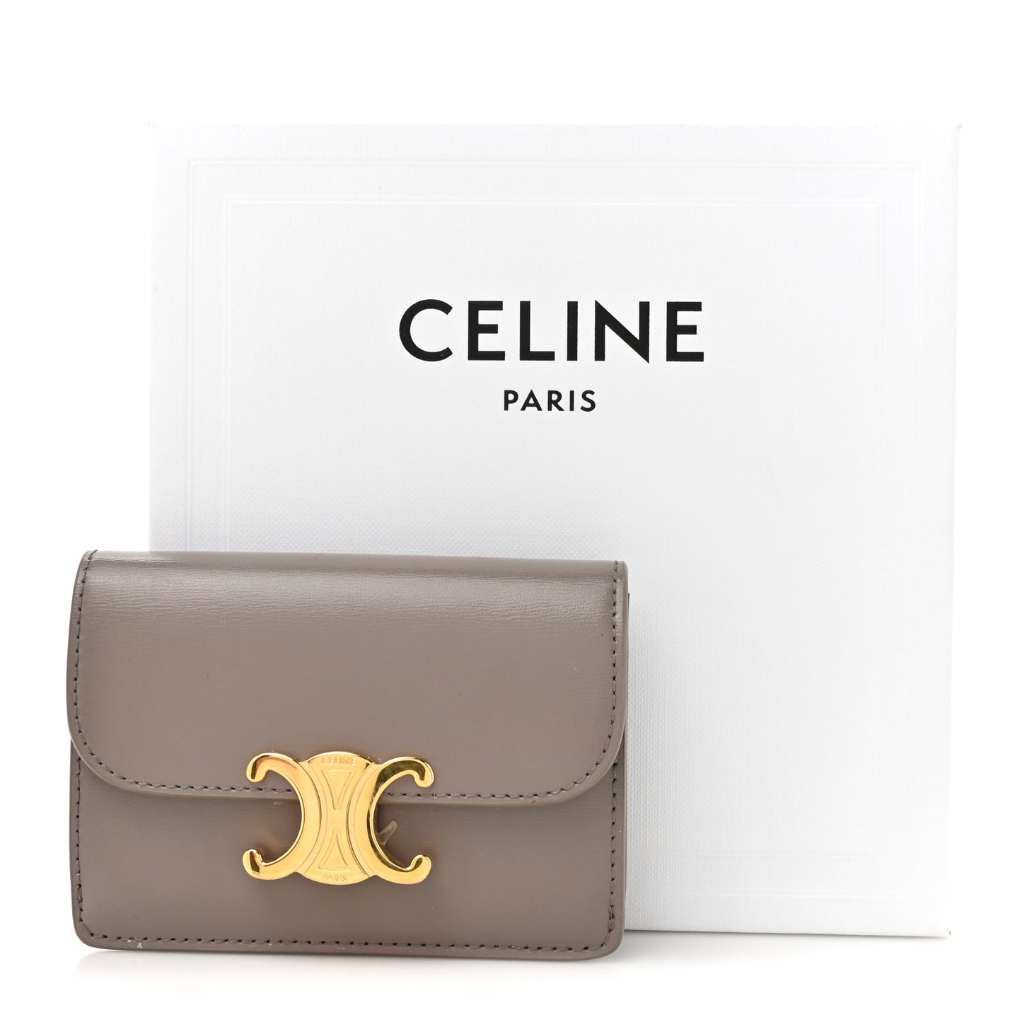 Shiny Calfskin Triomphe Flap Card Holder Pebble