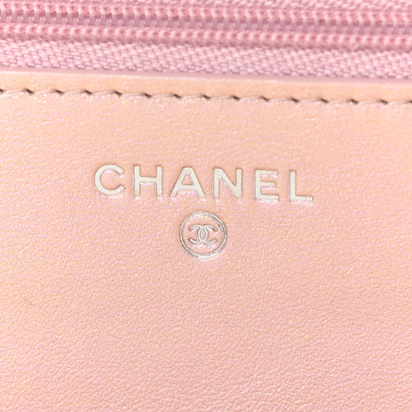 Iridescent Calfskin Quilted Wallet On Chain WOC Pink