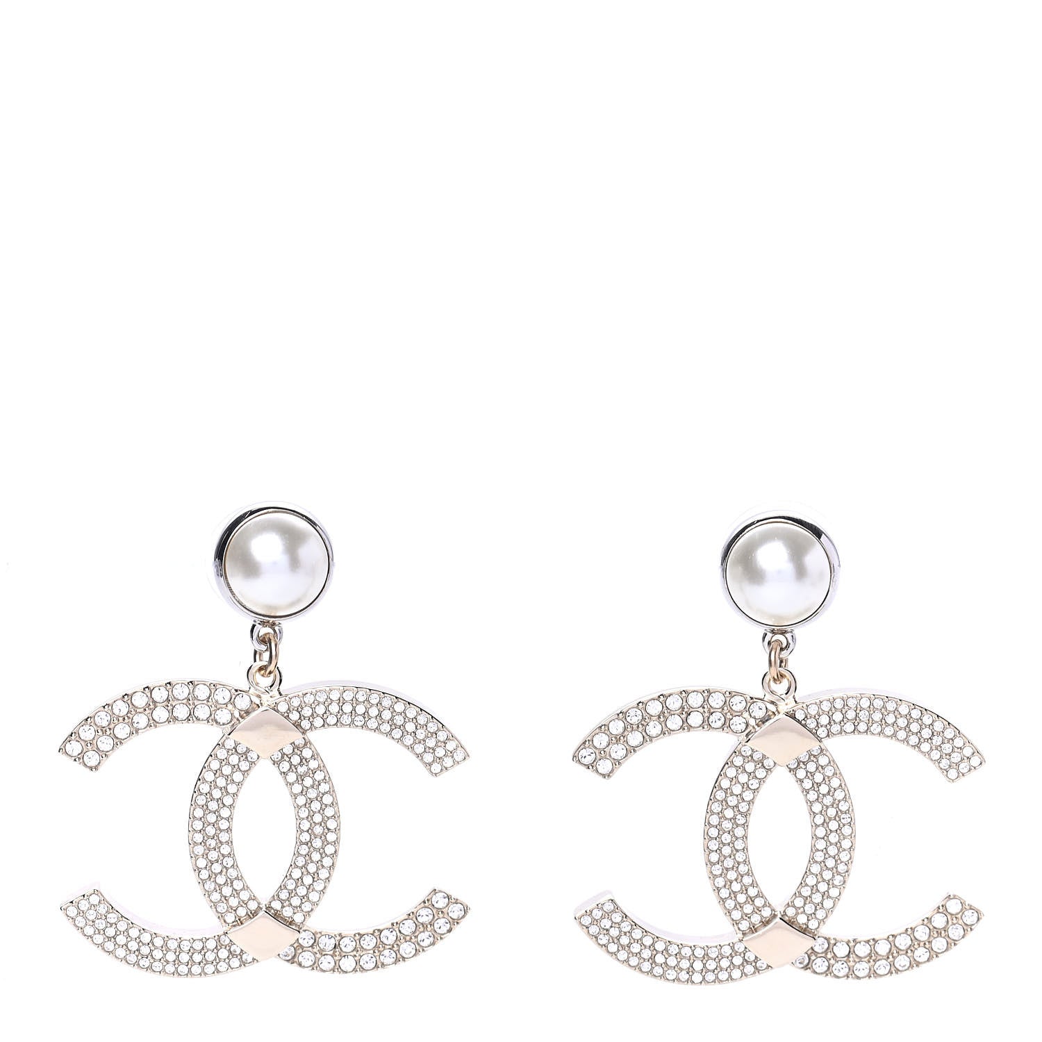 Chanel Crystal Pearl CC Drop Earrings Gold Silver 1 of 4