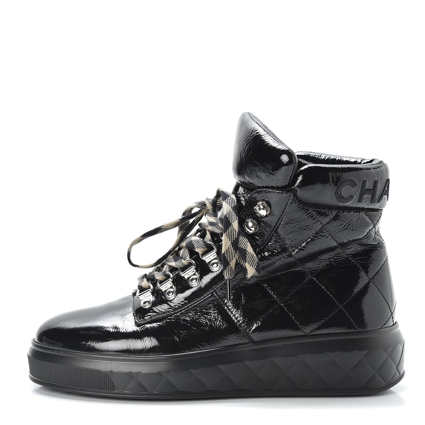 Patent Calfskin Quilted Womens High Top Sneakers 37.5 Black