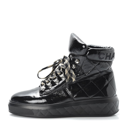 Chanel Patent Calfskin Quilted Womens High Top Sneakers 37.5 Black 1 of 7