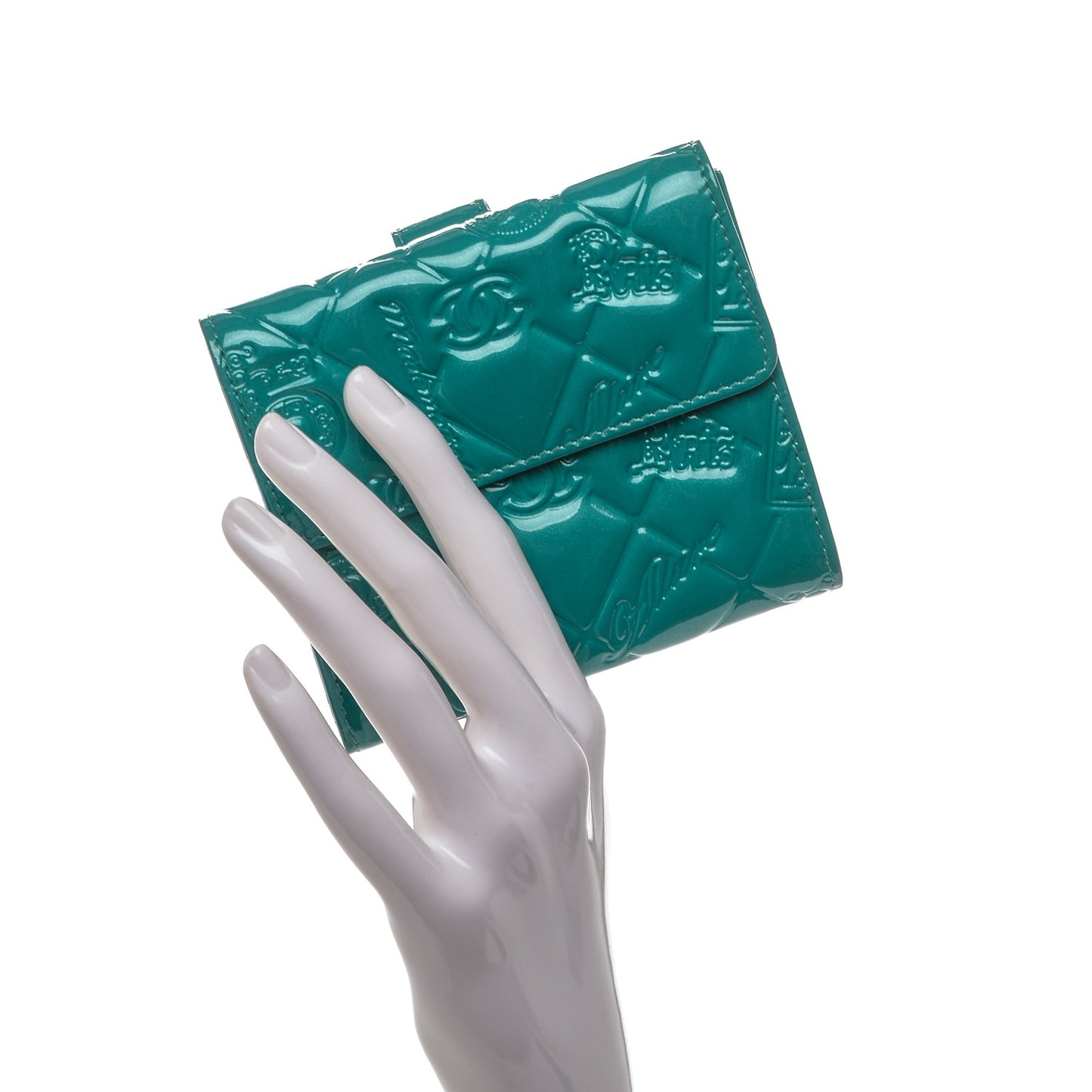 Patent Calfskin Lucky Symbols Compact French Flap Wallet Turquoise
