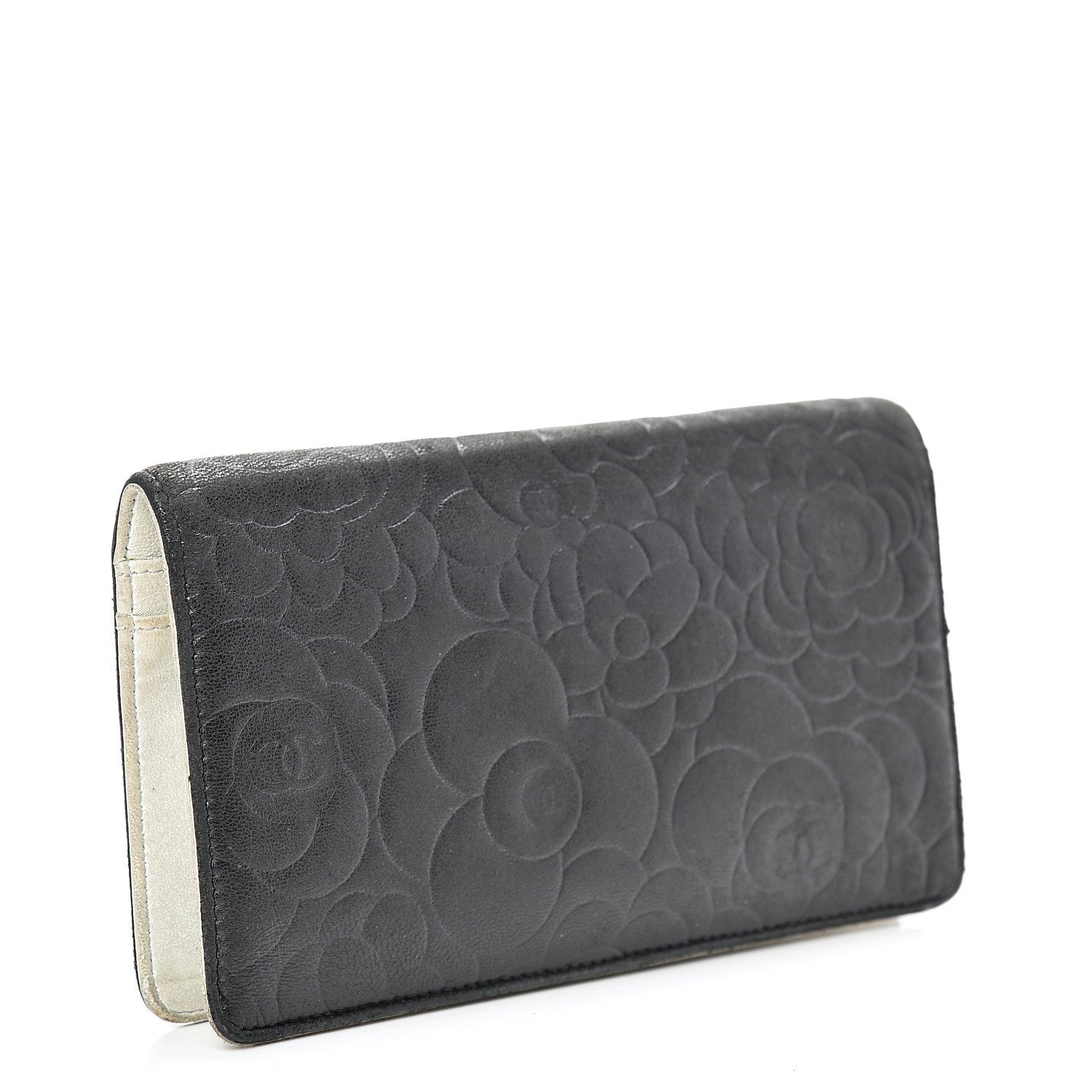 Chanel Lambskin Camellia Embossed Yen Wallet Black 2 of 19