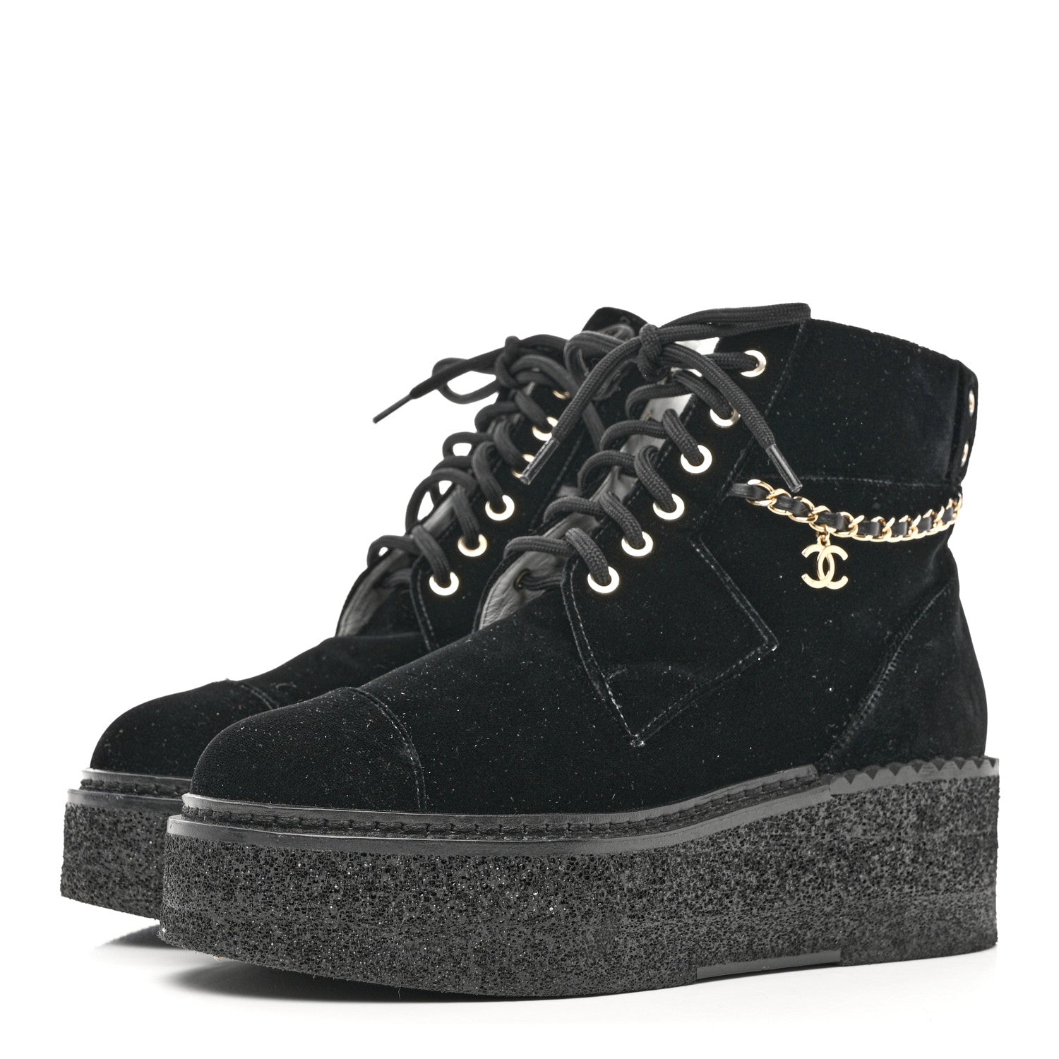 Chanel Velvet Chain Lace Up CC Short Boots 38.5 Black 3 of 9