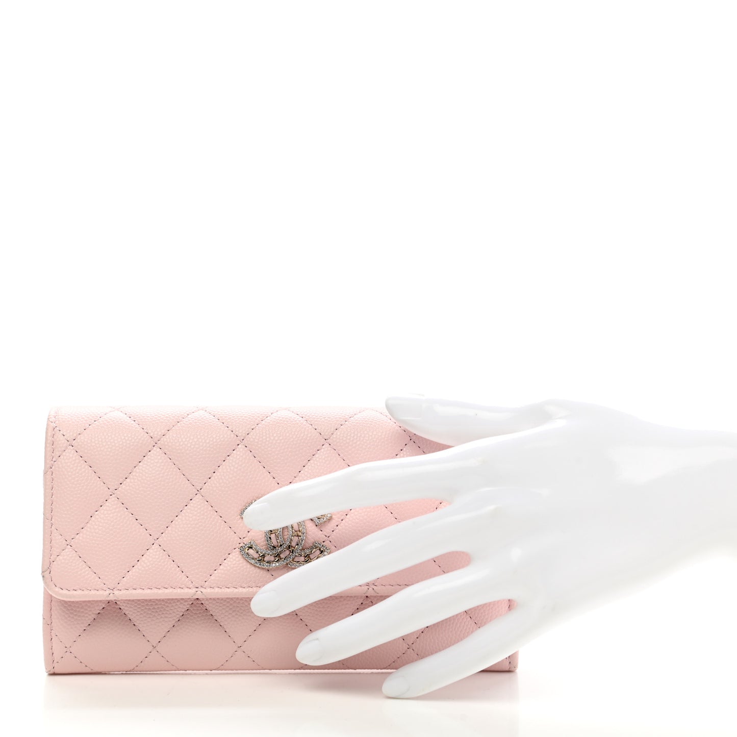 Caviar Quilted Crystal CC Large Gusset Flap Wallet Pink