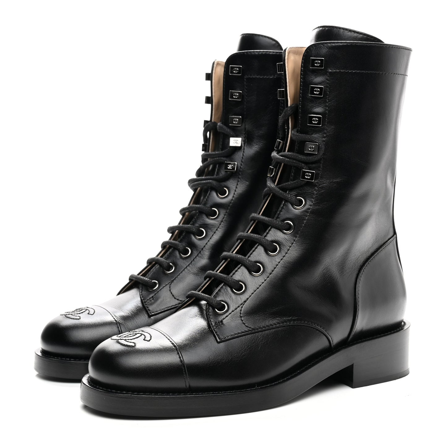 Calfskin Lace Up Combat Boots 37.5 Black