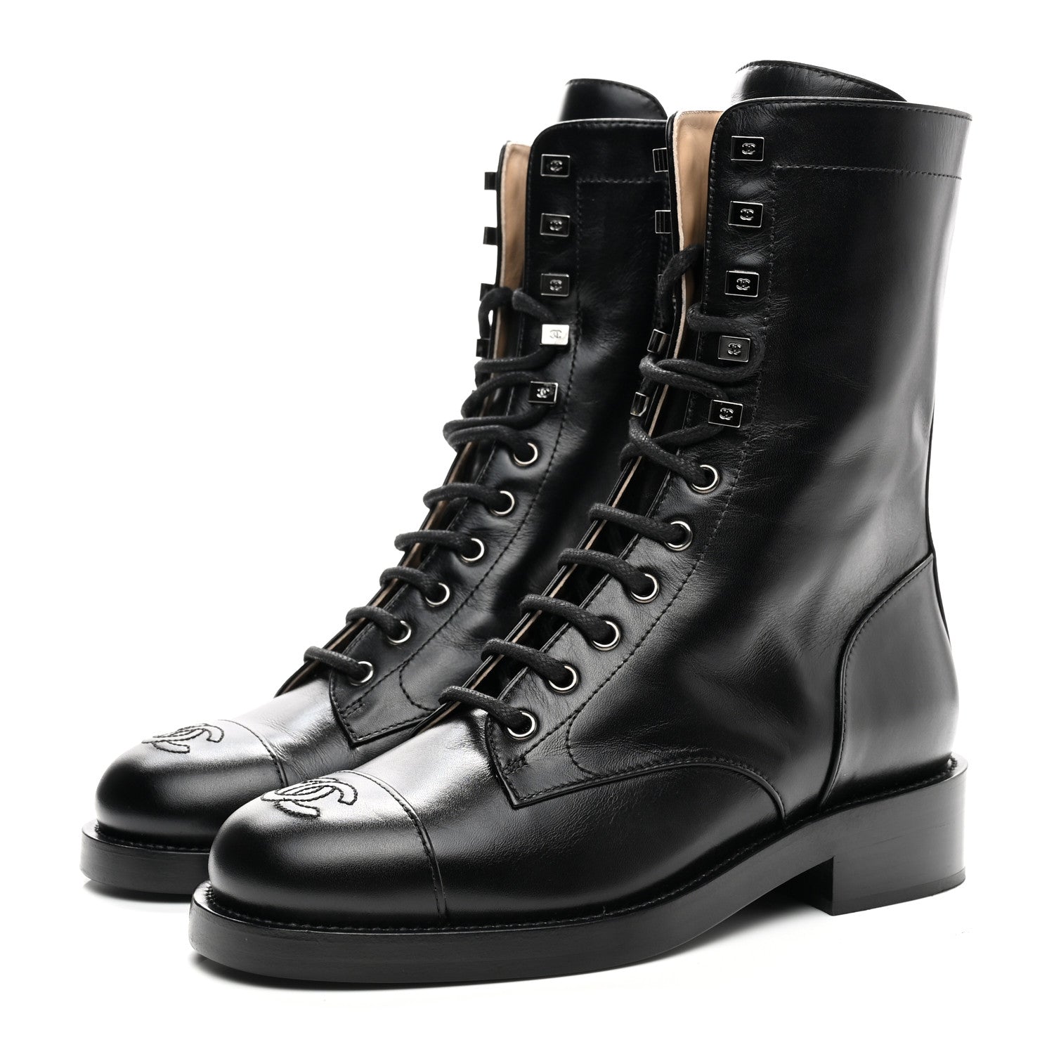 Chanel Calfskin Lace Up Combat Boots 37.5 Black 3 of 9