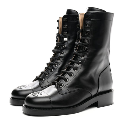 Chanel Calfskin Lace Up Combat Boots 37.5 Black 3 of 9