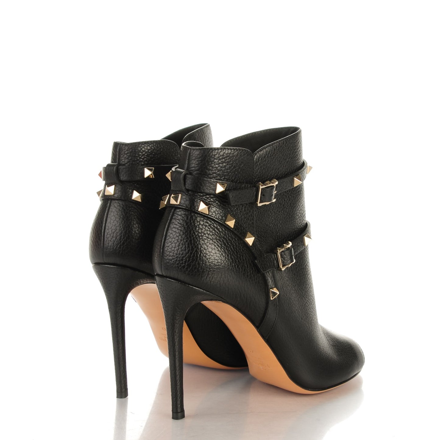 Grained Calfskin Rockstud Peep Toe Double Buckle 100mm Ankle Boots 40 Black