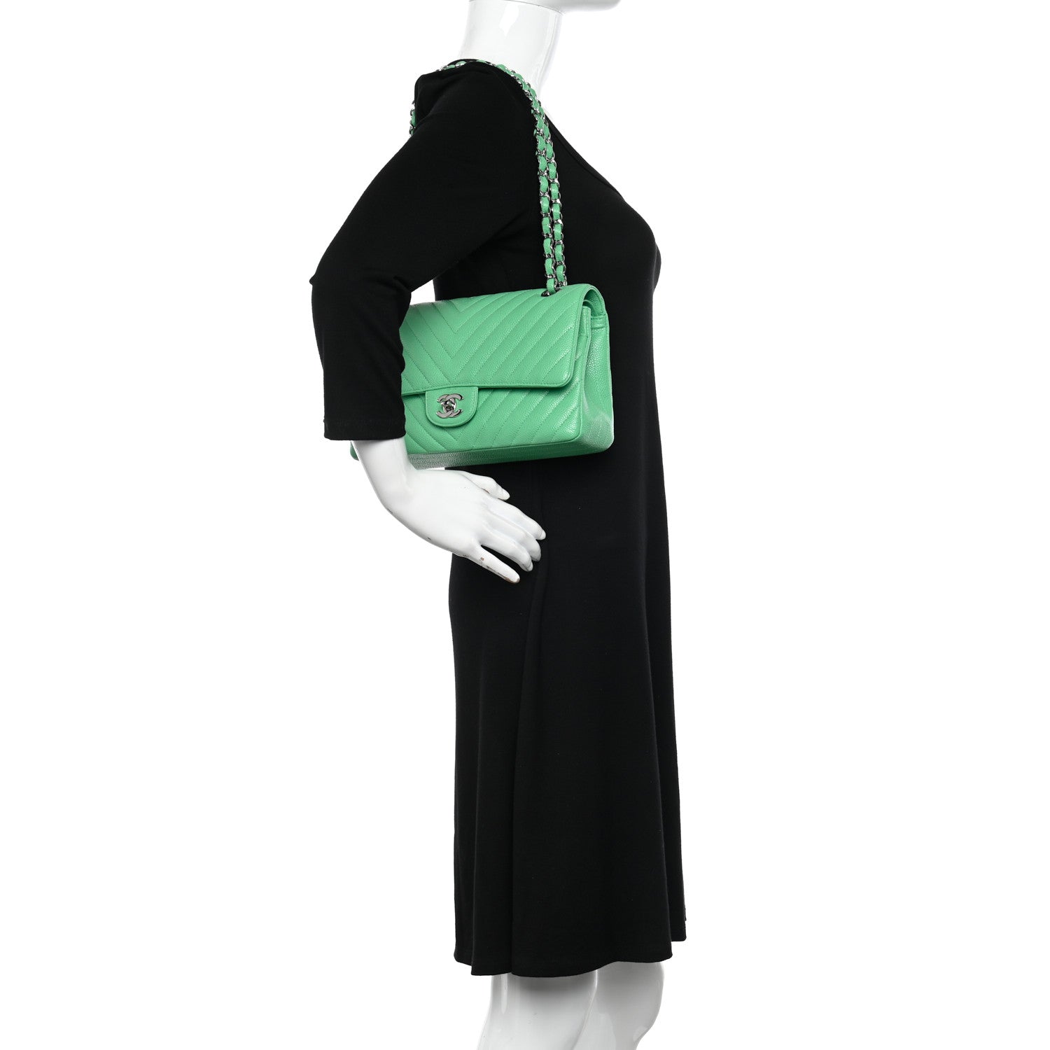 Chanel Caviar Chevron Quilted Medium Double Flap Green 2 of 12